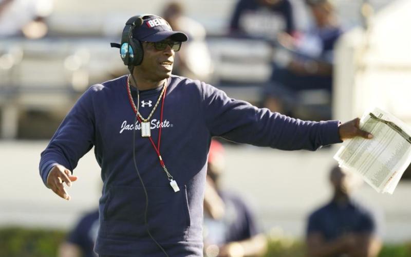 Jackson State football coach Deion Sanders calls out a play in the first half of Jackson State's Blue and White spring game on April 24 in Jackson, Miss. (ROGELIO V. SOLIS/Associated Press)