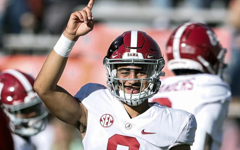 Alabama quarterback Bryce Young during warm ups before the start of a game against Auburn on Nov. 27, 2021, in Auburn, Ala. Alabama is No. 1 in the preseason AP Top 25 for the second straight season. (AP File)