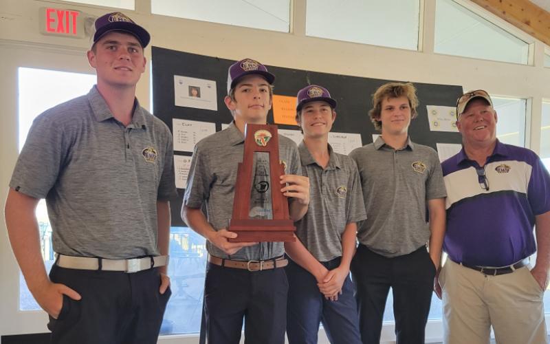 Columbia placed second at the District 2-2A tournament on Monday. Pictured for Columbia’s golf team are Connor Williams (from left), Trenton Kirby, Ayden Petit, Spencer McCranie and head coach Sherman Reed. Not pictured: Valin Capin. (COURTESY)