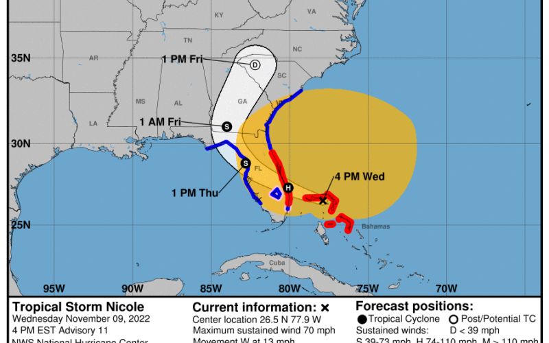 Current projected path of Tropical Storm Nicole as of 4 p.m. Wednesday. (NOAA)