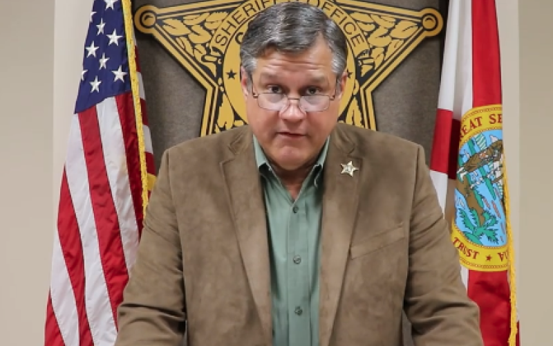 Sheriff Mark Hunter speaks Tuesday on the suspensions of Deputy Jayme Gohde and Sgt. Randy Harrison following the Oct. 31 arrest of James Hodges. (COURTESY)
