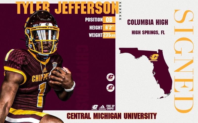 A graphic from Central Michigan's football Twitter account posted Wednesday after Columbia quarterback Tyler Jefferson signed his letter of intent. (COURTESY)