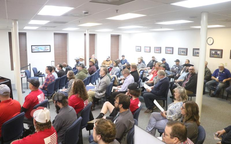 A crowd, including a number of HAECO employees, attended the Lake City Council’s special meeting Wednesday to consider a long-term lease with the aerospace company at Florida Gateway Airport. (MORGAN MCMULLEN/Lake City Reporter)