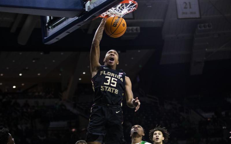 Florida State's Matthew Cleveland dunks against Notre Dame on Tuesday in South Bend, Ind. (MICHAEL CATERINA/Associated Press)