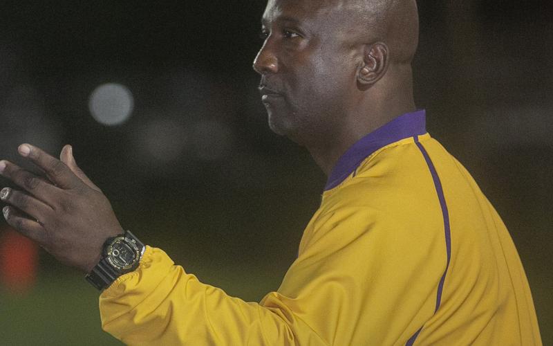 Columbia head coach Demetric Jackson signals to his team during the Class 3A state semifinals against Lake Wales on Dec. 2, 2022. (MICHAEL WILSON/Lake City Reporter)