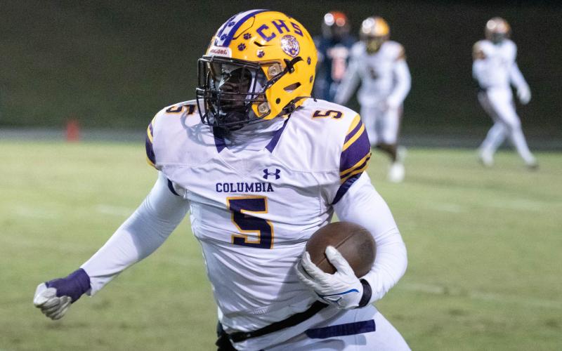 Columbia linebacker Jaden Robinson returns an interception for a touchdown against Escambia during the Region 1-3S semifinals on Nov. 18, 2022. (FILE)
