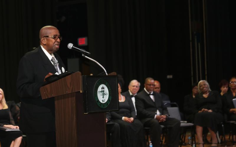 Rodney Brown, the first African-American student to attend Lake City Junior College, addresses the audience during the 2023 Florida Gateway College Black History Month program as the keynote speaker. (TONY BRITT/Lake City Reporter)