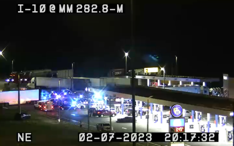 Law enforcement vehicles lined the north front side of the Live Oak Busy Bee following an officer-involved shooting Tuesday evening. (COURTESY FLORIDA 511)