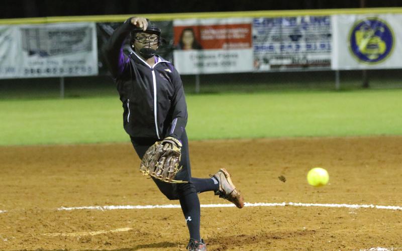 Columbia pitcher Zoryana Hughes pitches against Buchholz on Thursday night. (MORGAN MCMULLEN/Lake City Reporter)
