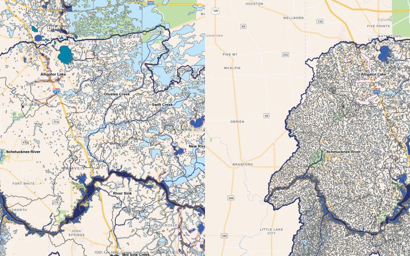 LEFT: The current FEMA flood risk map for the Santa Fe Watershed, which shows areas in light blue and dark blue that are in flood zones. RIGHT: The draft preliminary FEMA flood risk map for the Santa Fe Watershed, which is inundated with flood zones throughout the lower half of Columbia County. Comments on the maps is accepted through April 30. (COURTESY GRAPHICS)