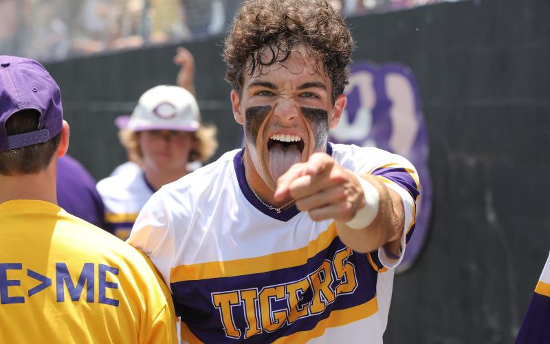 Columbia outfielder Carston Palmer celebrates back in the dugout after scoring a run against Lincoln on Saturday in the Region 1-5A semifinals. (BRENT KUYKENDALL/Lake City Reporter)