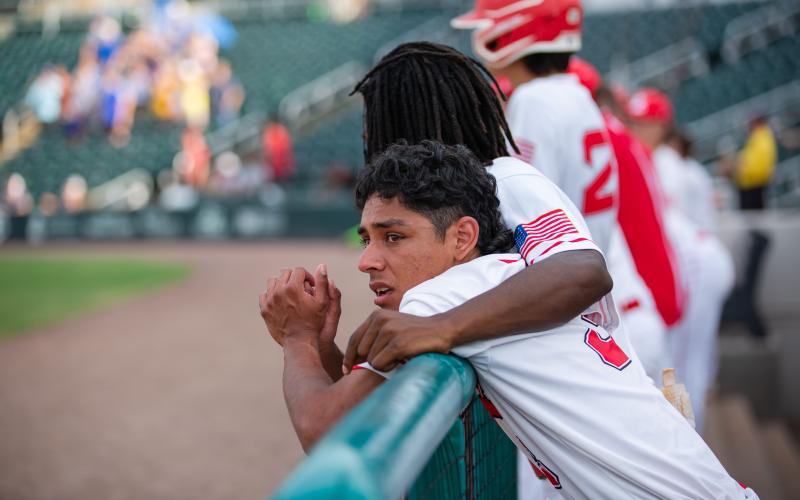 Lafayette outfielder Kevin Posada is consoled by a teammate after losing to Chipley in the Class 1A state championship game on Thursday at Hammond Stadium in Fort Myers. (JESSICA PILAND/Special to the Reporter)