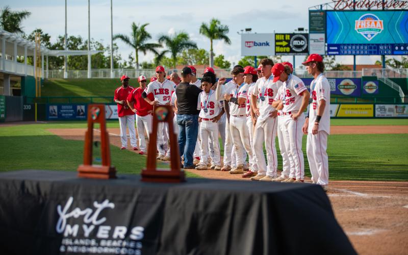 Lafayette's baseball team stands on the field awaiting the trophy presentation following its loss to Chipley in the Class 1A state championship game on Thursday at Hammond Stadium in Fort Myers. (JESSICA PINALD/Special to the Reporter)