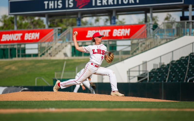 Lafayette pitcher Garrett Taylor hurls to the plate against Chipley in the Class 1A state championship Thursday at Hammond Stadium in Fort Myers. (JESSICA PINALD/Special to the Reporter)