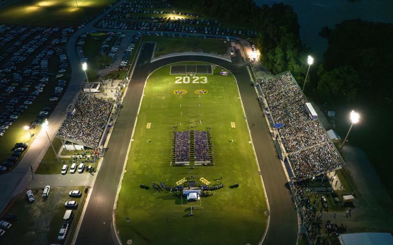 A drone shot of the graduation ceremony held at Tiger Stadium, honoring over 400 Columbia High School students who walked across the stage for their diplomas on Friday. (RAY CARPENTER/Special to the Reporter)
