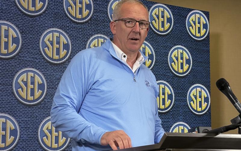 SEC Commissioner Greg Sankey speaks to reporters during the conference's spring meetings on Tuesday in Destin. (RALPH D. RUSSO/Associated Press))