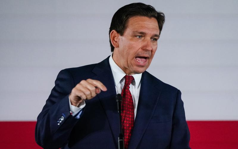 Florida Gov. Ron DeSantis, speaking during an event in Smyrna, Georgia, on March 30, is expected to announce his presidential bid Wednesday in a Twitter Spaces event with Elon Musk, according to the Associated Press. (ELIJAH NOUVELAGE/AFP via Getty Images/TNS)
