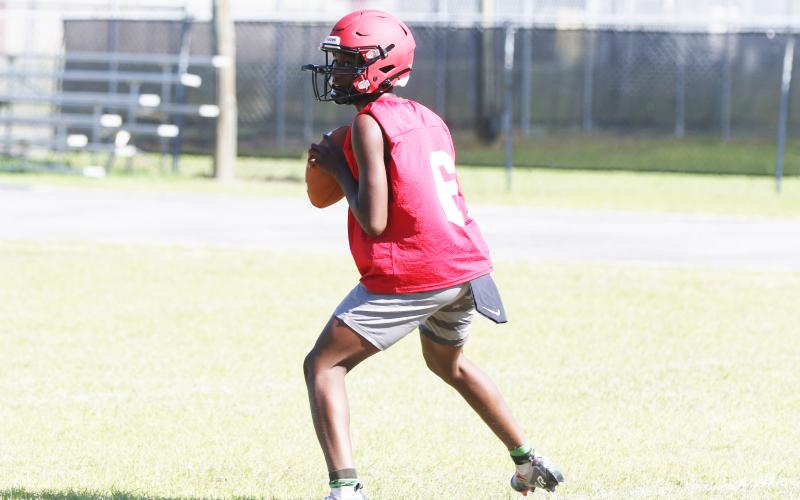 Lafayette quarterback Tywan Williamson drops back to pass during practice on May 3. (MORGAN MCMULLEN/Lake City Reporter)