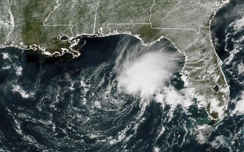 This GOES-East GeoColor satellite image taken Fridayat 1:21 p.m. EDT., shows Tropical Storm Arlene, the first named storm of the Atlantic hurricane season, in the Gulf of Mexico off the west coast of Florida. (NOAA VIA AP)