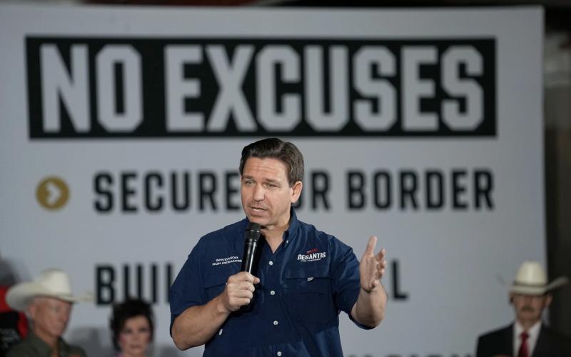 Florida Gov. Ron DeSantis speaks during a town hall meeting in Eagle Pass, Texas, on Monday. (ERIC GAY/Associated Press)