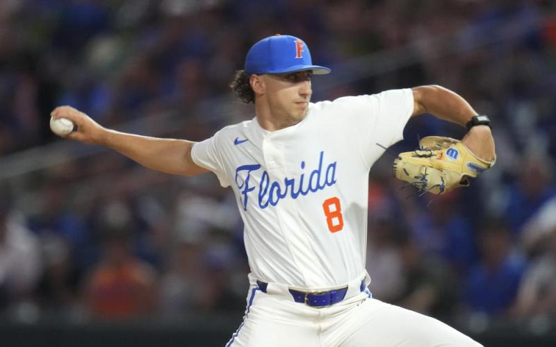 Florida's Brandon Sproat pitches against South Carolina during the Gainesville Super Regional on June 9. (JOHN RAOUX/Associated Press)