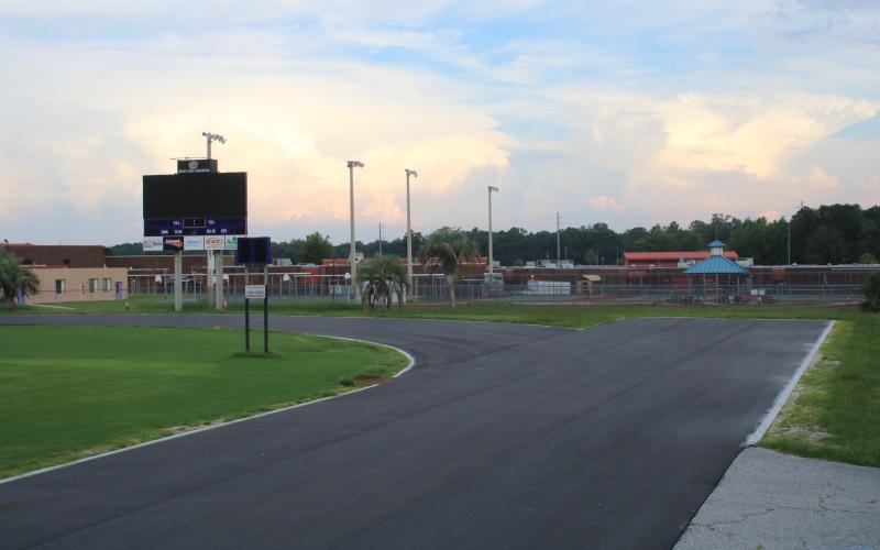 The Columbia High track is being resurfaced, a project that is expected to be completed before the school year starts in August. Once completed, the track will be able to host a wide array of meets. (TONY BRITT/Lake City Reporter)