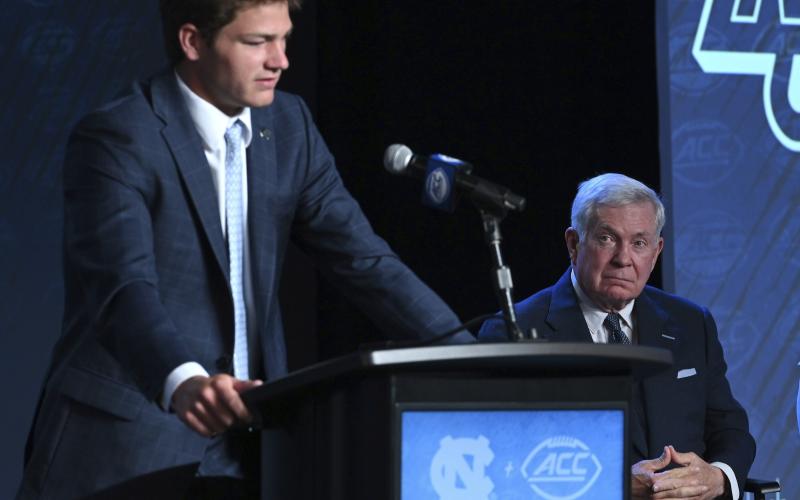 UNC Tar Heels quarterback Drake Maye responds to a question during ACC Media Days on Thursday in Charlotte, N.C. (JEFF SINER/The Charlotte Observer via AP)