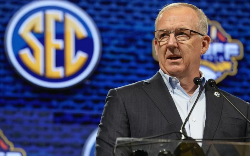 Southeastern Conference Commissioner Greg Sankey speaks during the first day of SEC Media Days on Monday in Nashville, Tenn. (ASSOCIATED PRESS)