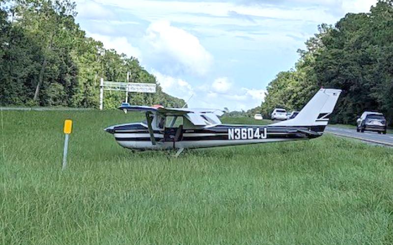 A Cessna plane made an emergency landing in the median along westbound Interstate 10 in western Suwannee County on Friday afternoon. (COURTESY SUWANNEE COUNTY SHERIFF)