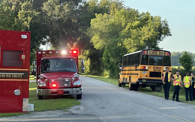 A Suwannee County school bus was involved in a crash Thursday morning, the first day of school for the district, when it backed into a car following it. (COURTESY SUWANNEE COUNTY FIRE RESCUE)