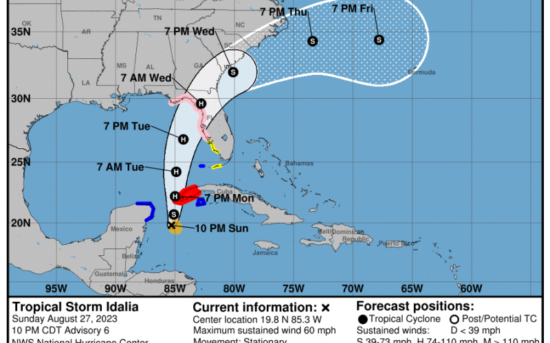 Tropical Storm Idalia formed in the Gulf of Mexico on Saturday and is projected to make landfall in Florida as a hurricane on Wednesday. (NATIONAL HURRICANE CENTER) 