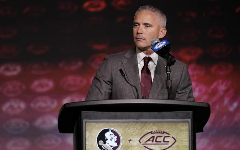 Florida State head coach Mike Norvell participates during ACC Media Days on July 26 in Charlotte, N.C. (ERIK VERDUZCO/Associated Press)