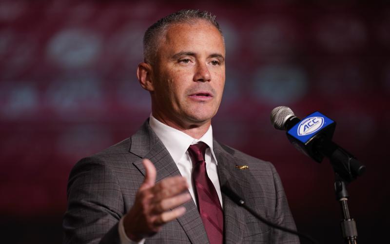 Florida State head coach Mike Norvell speaks during ACC Media Days on July 26 in Charlotte, N.C. (AP File)