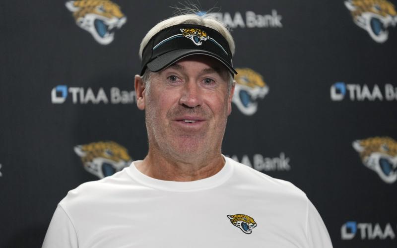 Jacksonville Jaguars head coach Doug Pederson talks after Saturday's preseason game against the Detroit Lions in Detroit. (PAUL SANCYA/Associated Press)