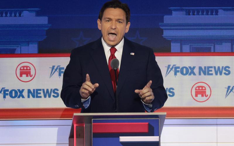 Republican presidential candidate Florida Gov. Ron DeSantis participates in the first debate of the GOP primary season, hosted by FOX News, at the Fiserv Forum on Wednesday in Milwaukee. (WIN MCNAMEE/Getty Images/TNS)