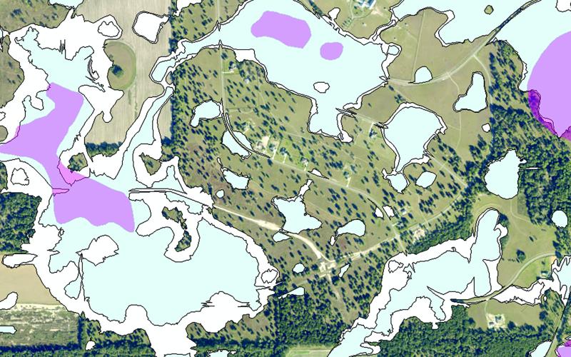 The Oaks of Lake City subdivision’s flood risk map unveiled earlier this year by the Suwannee River Water Management District and FEMA. Updates to the maps were made with new geographical and modeling information. (COURTESY SUWANNEE RIVER WATER MANAGEMENT DISTRICT)