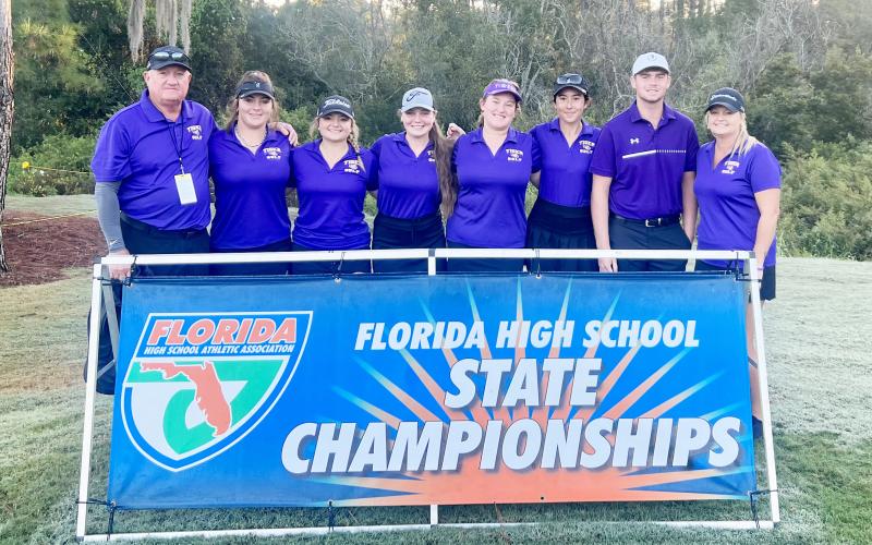 Columbia’s girls golf team placed 11th at the Class 2A state tournament on Wednesday, while Connor Williams tied for 20th in the boys tournament. Pictured from left to right are: Columbia girls head coach Chet Carter, Rayna Hardin, Karlee Gainey, Megan Ruwe, Adeline Mock, Alison O’Brien, Connor Williams and girls assistant coach Tammy Carter. (COURTESY)