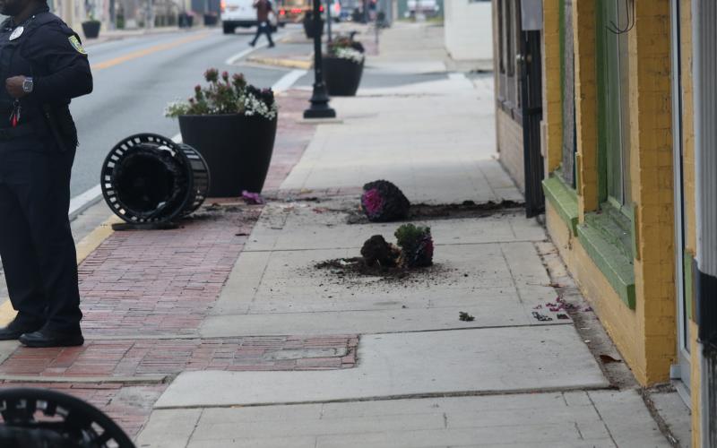 Flowers from a planter that adorns the side of North Marion Avenue lay on the ground after a suspect vandalized six of the city pots early Tuesday morning. (JAMIE WACHTER/Lake City Reporter)