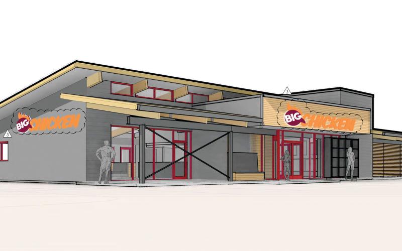 A rendering of the Big Chicken restaurant that is coming to NW Centurion Court in Lake City, replacing the Rib Crib originally planned for the site. Big Chicken is a company partially owned by Shaquille O’Neal. (COURTESY)