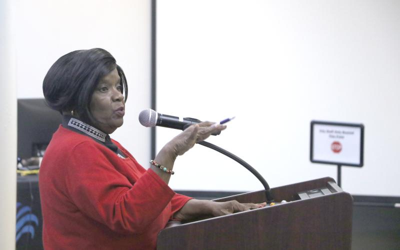 Rev. Dr. Pamela Green shares her thoughts on the Mariah Fund during Monday’s Lake City Council workshop held to hear public input on the $200,000 in funds meant to go toward gun violence prevention programs. (MORGAN MCMULLEN/Lake City Reporter)