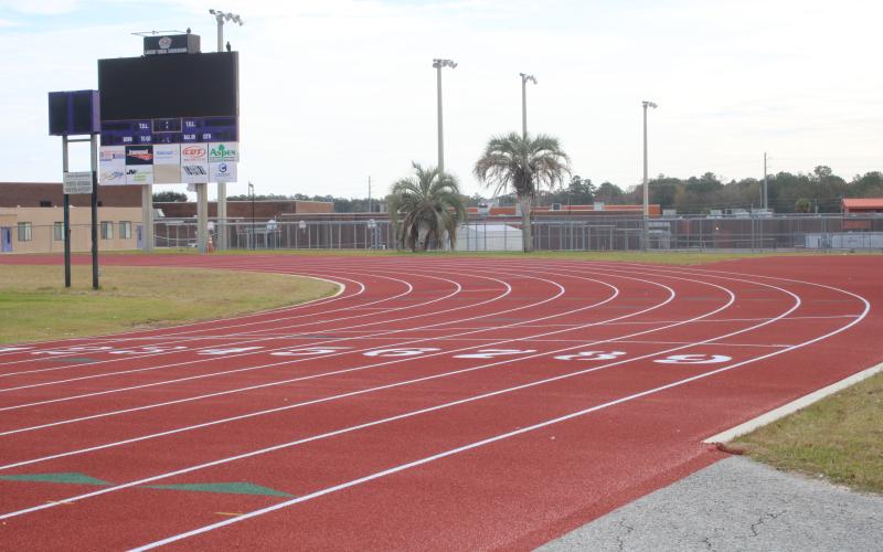 The Columbia High School track resurfacing was completed late last month. However a new issue has surfaced: birds flocking to the track and leaving their droppings behind. (TONY BRITT/Lake City Reporter)