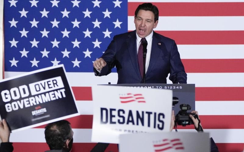 Republican presidential candidate Florida Gov. Ron DeSantis speaks to supporters during a caucus night party Jan. 15 in West Des Moines, Iowa. DeSantis has suspended his Republican presidential campaign after a disappointing showing in Iowa's leadoff caucuses. (Associated Press file)