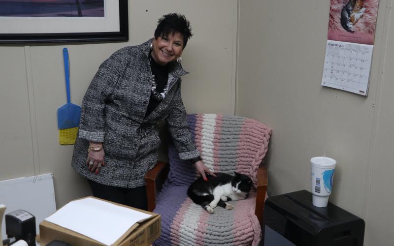 Lake City Humane Society Executive Director Elizabeth Halloran alongside the agency’s office cat, Scruffy, in her office. (MORGAN MCMULLEN/Lake City Reporter)