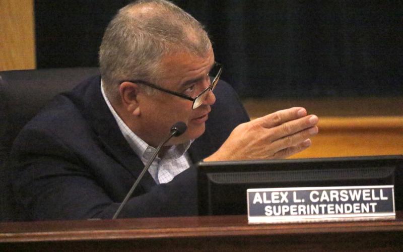 Lex Carswell, the superintendent of Columbia County Schools, aired frustrations at Tuesday night’s Columbia County School Board meeting with ‘negative’ comments about the district’s use of half-cent sales tax funds. (JAMIE WACHTER/Lake City Reporter)