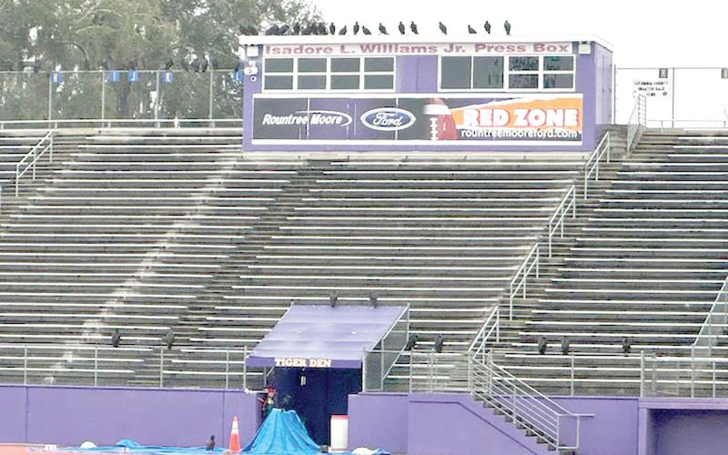 Vultures line the top of the press box at Tiger Stadium. Black vultures and turkey vultures have become a nuisance at the stadium since Columbia High’s track was resurfaced late last year. (COURTESY)