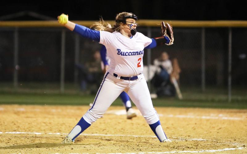 Columbia pitcher Laila Arnold winds up to pitch against Columbia on Feb. 22. (BRENT KUYKENDALL/Lake City Reporter)