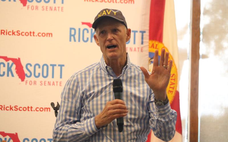 U.S. Sen. Rick Scott, speaking at an event in White Springs last August, will be one of the two keynote speakers May 10 at the Columbia County Republican Party’s ‘Boots and BBQ’ fundraiser. (FILE)