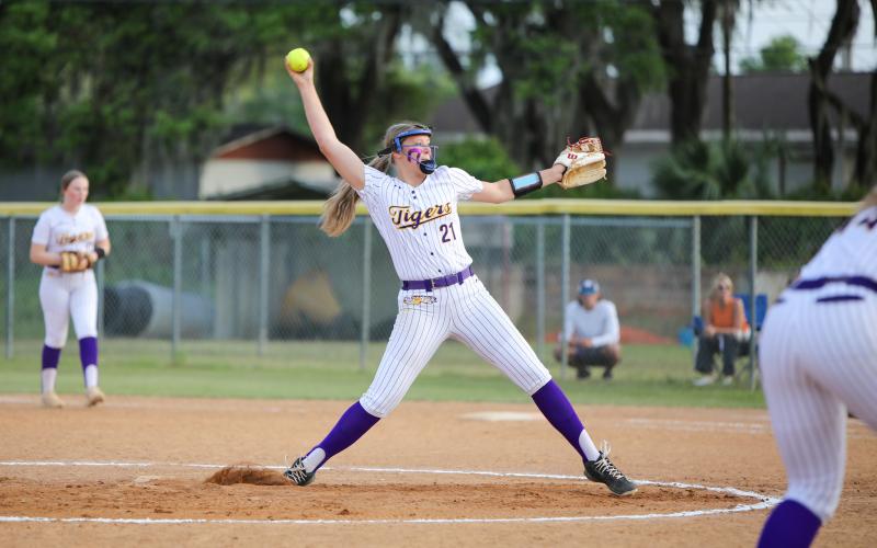 Columbia pitcher Harleigh Price winds up to pitch against Trenton on Tuesday night. (BRENT KUYKENDALL/Lake City Reporter)