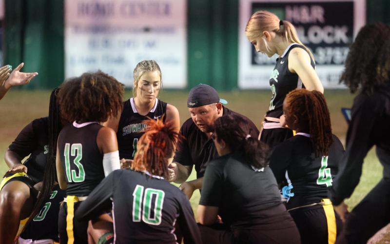 Suwannee coach Jacob Pitts talks to his team during the District 3-1A championship against Columbia on April 10. (PAUL BUCHANAN/Special to the Reporter)