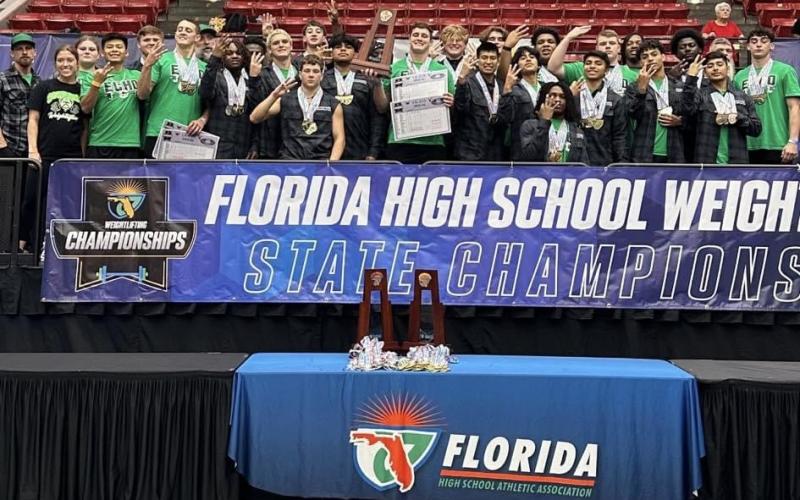 Suwannee’s boys weightlifting team won the Class 1A state titles in traditional and Olympic on Saturday. (COURTESY)